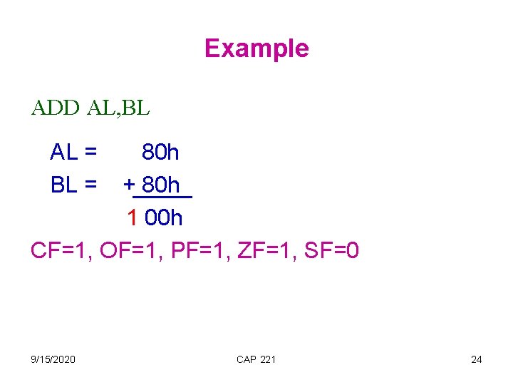 Example ADD AL, BL AL = BL = 80 h + 80 h 1