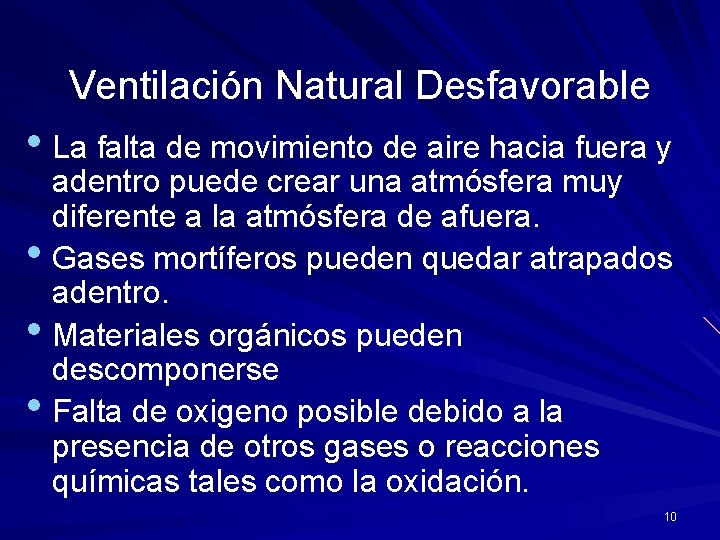 Ventilación Natural Desfavorable • La falta de movimiento de aire hacia fuera y adentro
