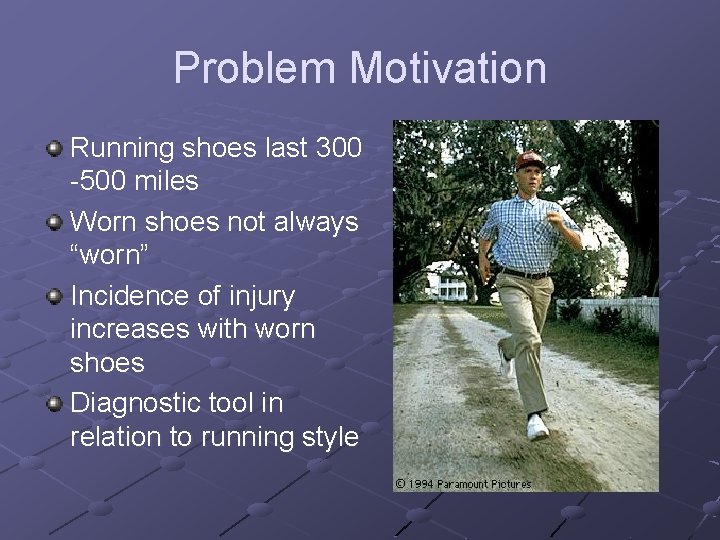 Problem Motivation Running shoes last 300 -500 miles Worn shoes not always “worn” Incidence