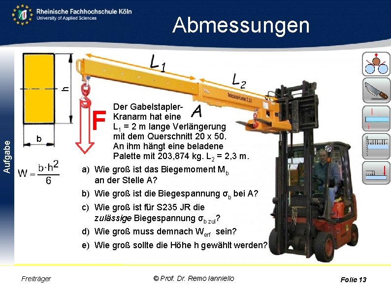 Abmessungen Der Gabelstapler- Kranarm hat eine L 1 = 2 m lange Verlängerung mit