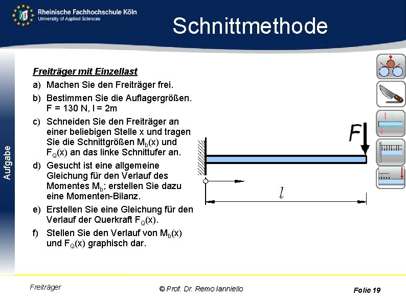 Aufgabe Schnittmethode Freiträger mit Einzellast a) Machen Sie den Freiträger frei. b) Bestimmen Sie