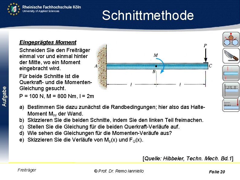 Aufgabe Schnittmethode Eingeprägtes Moment Schneiden Sie den Freiträger einmal vor und einmal hinter der