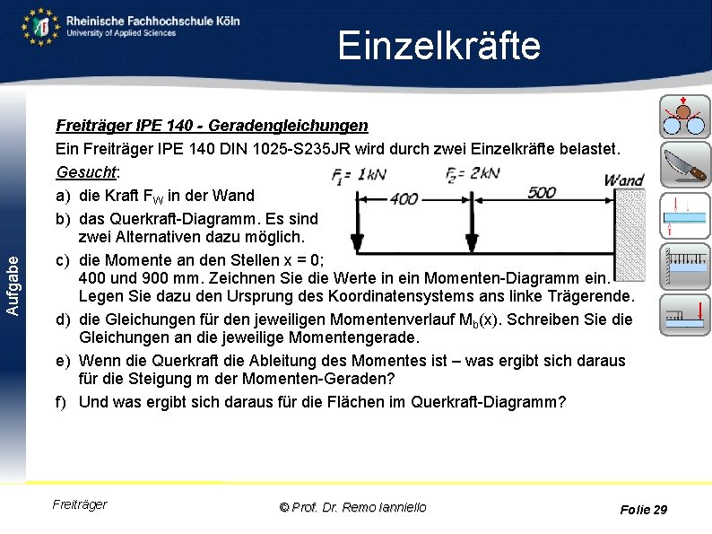 Aufgabe Einzelkräfte Freiträger IPE 140 - Geradengleichungen Ein Freiträger IPE 140 DIN 1025 -S