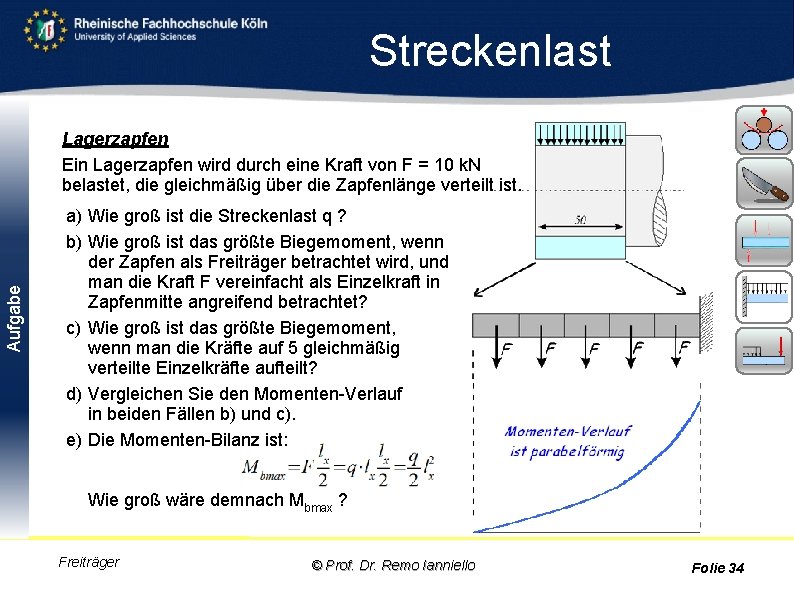 Streckenlast Aufgabe Lagerzapfen Ein Lagerzapfen wird durch eine Kraft von F = 10 k.