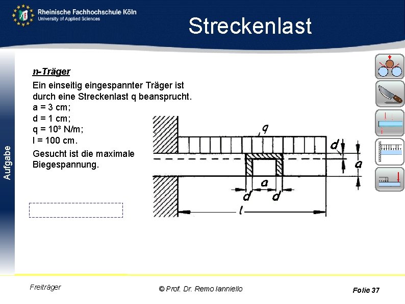 Streckenlast Aufgabe n-Träger Ein einseitig eingespannter Träger ist durch eine Streckenlast q beansprucht. a