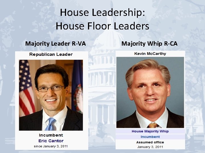 House Leadership: House Floor Leaders Majority Leader R-VA Majority Whip R-CA 