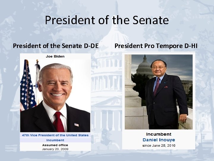 President of the Senate D-DE President Pro Tempore D-HI 