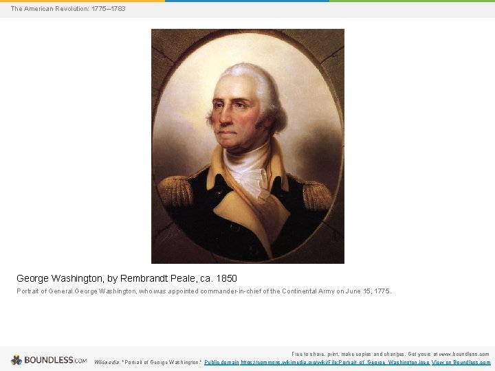 The American Revolution: 1775– 1783 George Washington, by Rembrandt Peale, ca. 1850 Portrait of