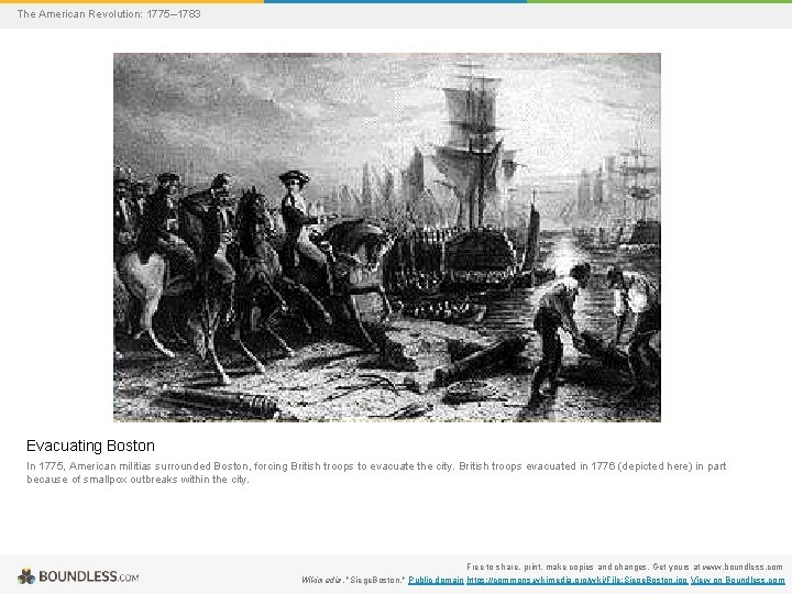 The American Revolution: 1775– 1783 Evacuating Boston In 1775, American militias surrounded Boston, forcing