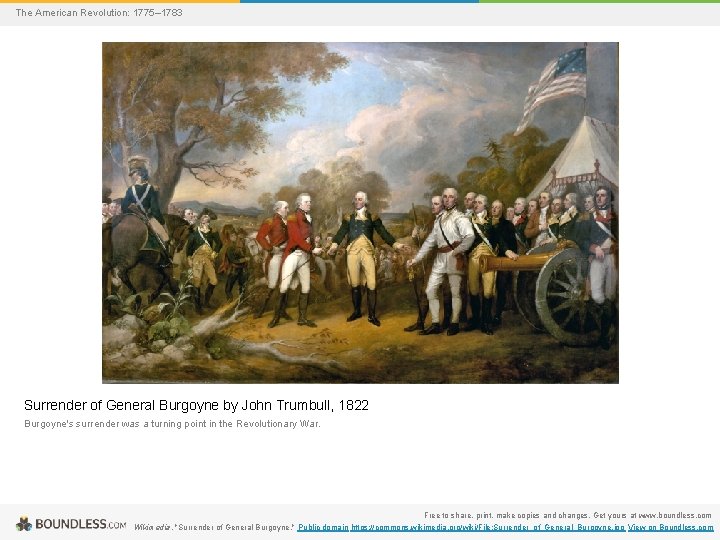 The American Revolution: 1775– 1783 Surrender of General Burgoyne by John Trumbull, 1822 Burgoyne's