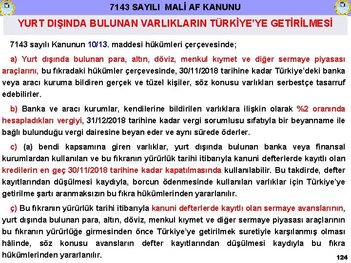 7143 SAYILI MALİ AF KANUNU YURT DIŞINDA BULUNAN VARLIKLARIN TÜRKİYE’YE GETİRİLMESİ 7143 sayılı Kanunun