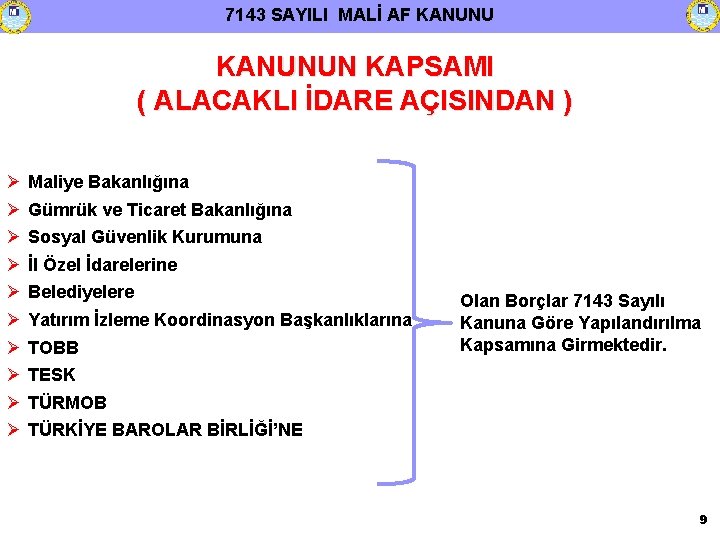 7143 SAYILI MALİ AF KANUNUN KAPSAMI ( ALACAKLI İDARE AÇISINDAN ) Maliye Bakanlığına Gümrük