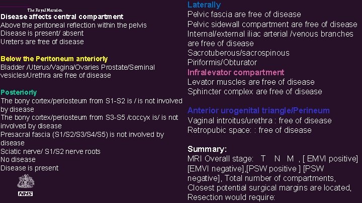The Royal Marsden Disease affects central compartment Above the peritoneal reflection within the pelvis