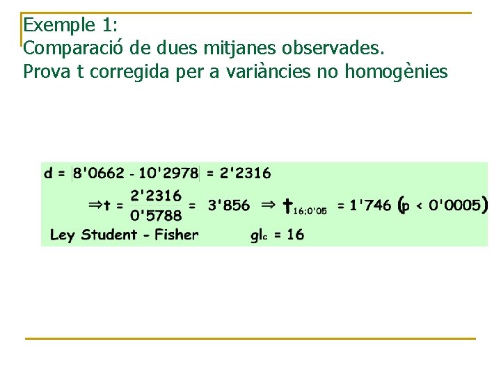 Exemple 1: Comparació de dues mitjanes observades. Prova t corregida per a variàncies no