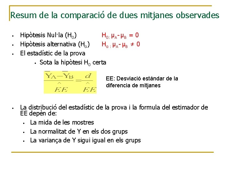 Resum de la comparació de dues mitjanes observades • • • Hipòtesis Nul·la (H
