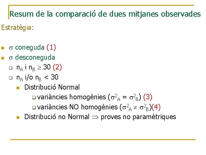 Resum de la comparació de dues mitjanes observades Estratègia: n n coneguda (1) desconeguda