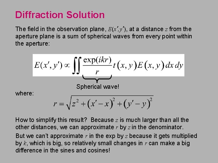 Diffraction Solution The field in the observation plane, E(x’, y’), at a distance z