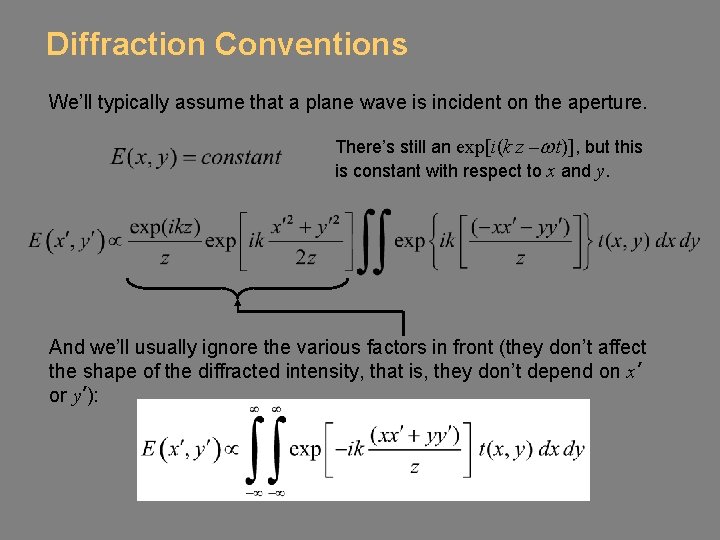 Diffraction Conventions We’ll typically assume that a plane wave is incident on the aperture.