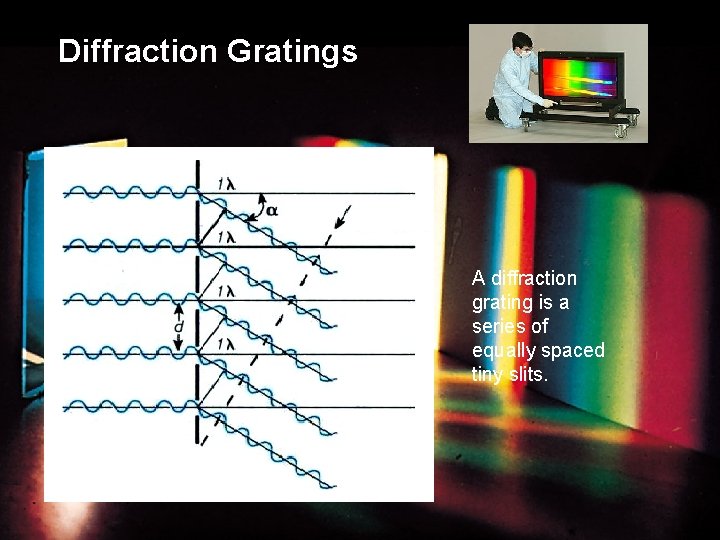 Diffraction Gratings A diffraction grating is a series of equally spaced tiny slits. 