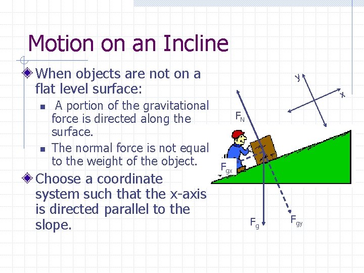 Motion on an Incline When objects are not on a flat level surface: n