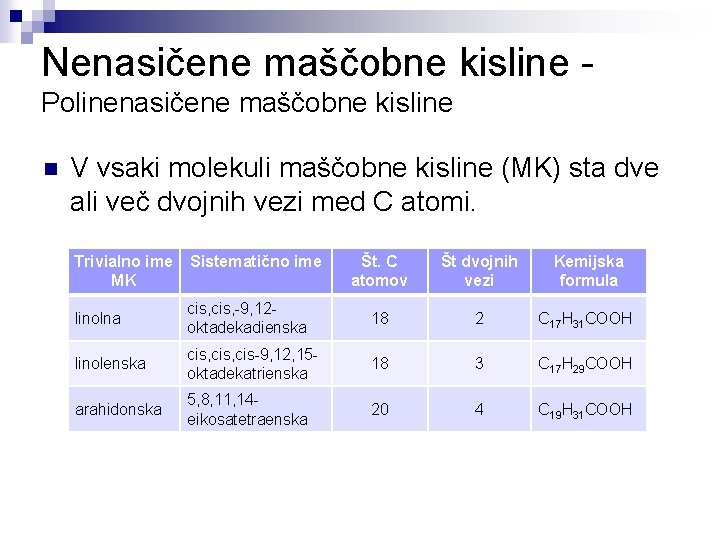 Nenasičene maščobne kisline Polinenasičene maščobne kisline n V vsaki molekuli maščobne kisline (MK) sta