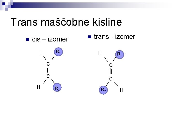 Trans maščobne kisline cis – izomer R 1 H n trans - izomer H