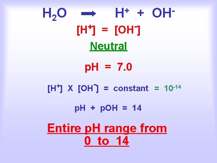 H 2 O H+ + OH[H+] = [OH-] Neutral p. H = 7. 0