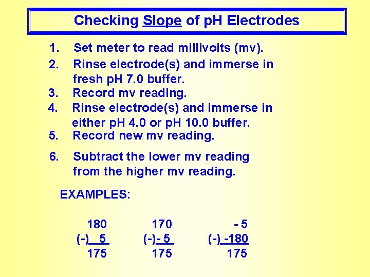 Checking Slope of p. H Electrodes 1. 2. 3. 4. 5. 6. Set meter
