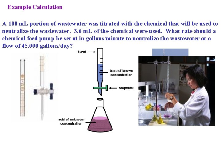 Example Calculation A 100 m. L portion of wastewater was titrated with the chemical