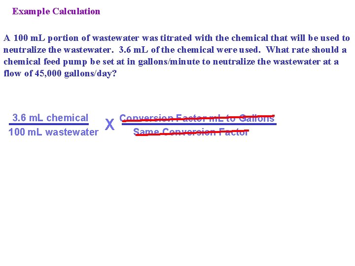 Example Calculation A 100 m. L portion of wastewater was titrated with the chemical