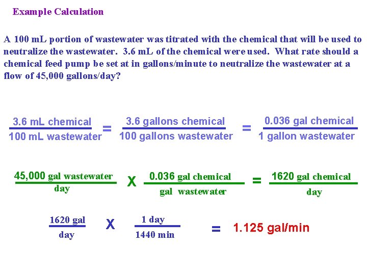 Example Calculation A 100 m. L portion of wastewater was titrated with the chemical