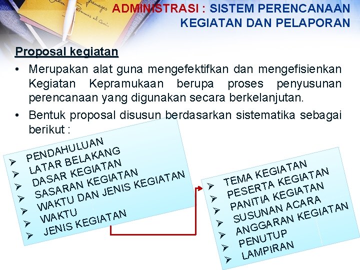 ADMINISTRASI : SISTEM PERENCANAAN KEGIATAN DAN PELAPORAN Proposal kegiatan • Merupakan alat guna mengefektifkan