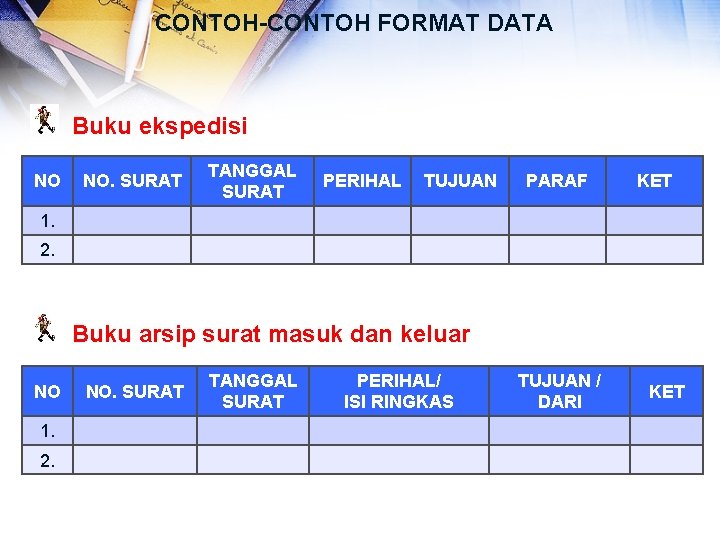 CONTOH-CONTOH FORMAT DATA Buku ekspedisi NO NO. SURAT TANGGAL SURAT PERIHAL TUJUAN PARAF KET