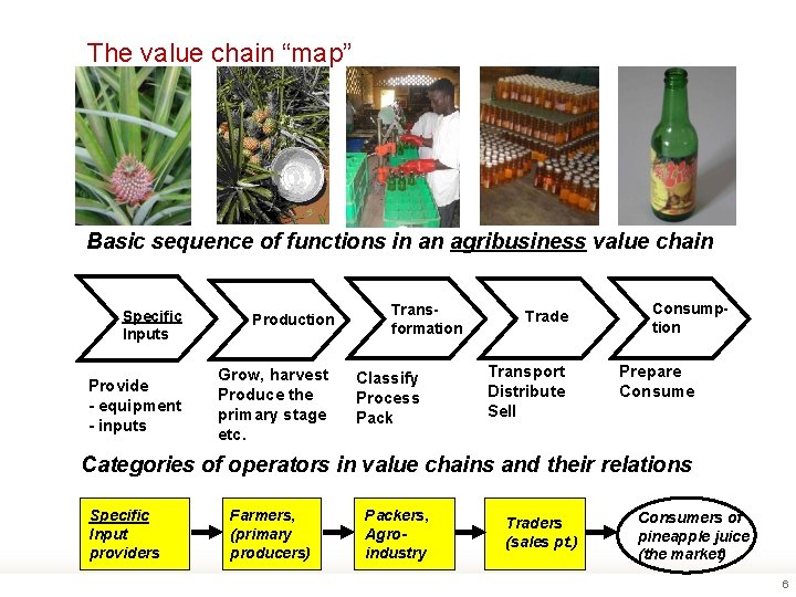 The value chain “map” Basic sequence of functions in an agribusiness value chain Specific