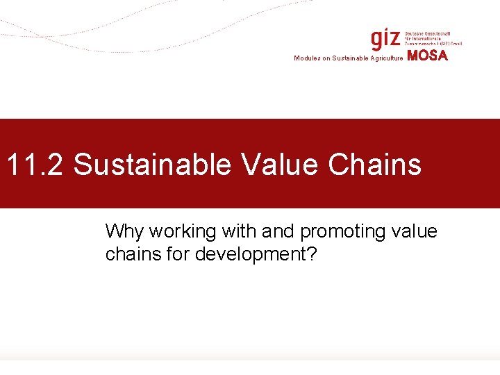 Modules on Sustainable Agriculture MOSA 11. 2 Sustainable Value Chains Why working with and