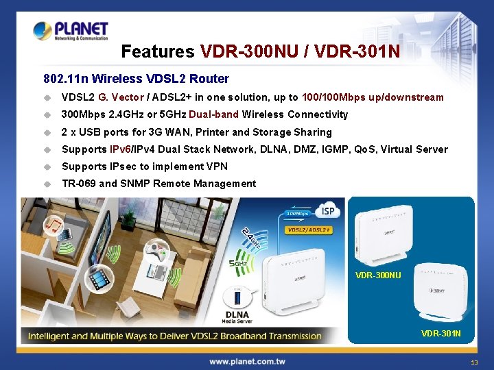 Features VDR-300 NU / VDR-301 N 802. 11 n Wireless VDSL 2 Router u