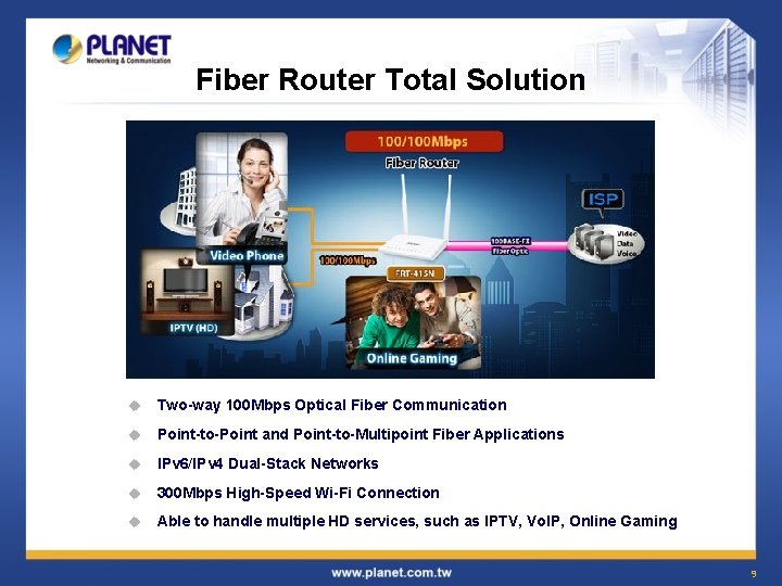 Fiber Router Total Solution u Two-way 100 Mbps Optical Fiber Communication u Point-to-Point and