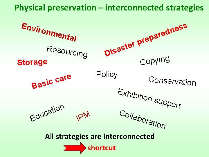Physical preservation – interconnected strategies Envi ronm ental Resourc Storage ing re a c