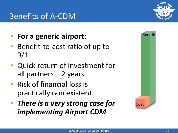 Benefits of A-CDM • For a generic airport: • Benefit-to-cost ratio of up to