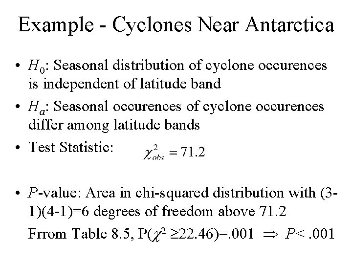 Example - Cyclones Near Antarctica • H 0: Seasonal distribution of cyclone occurences is