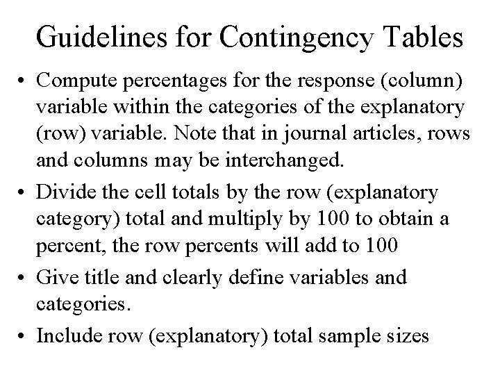 Guidelines for Contingency Tables • Compute percentages for the response (column) variable within the