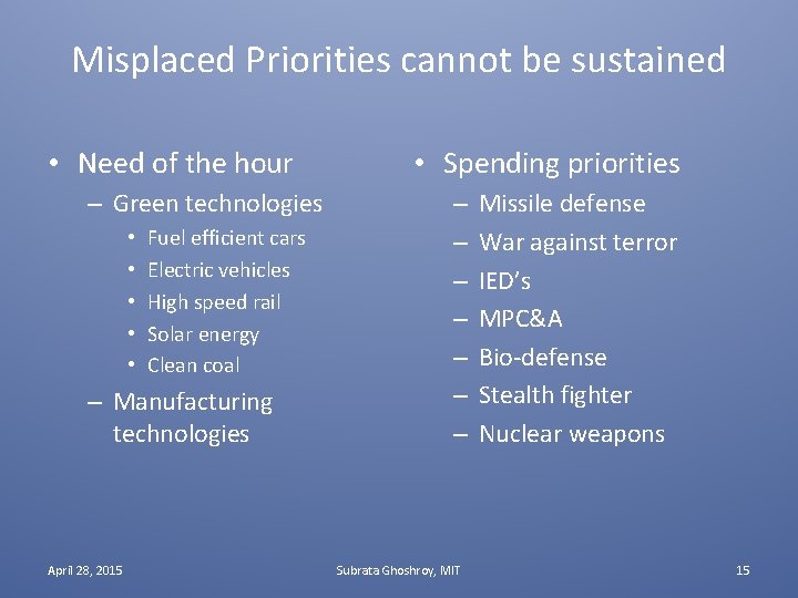 Misplaced Priorities cannot be sustained • Need of the hour – Green technologies •