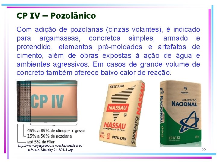 CP IV – Pozolânico Com adição de pozolanas (cinzas volantes), é indicado para argamassas,