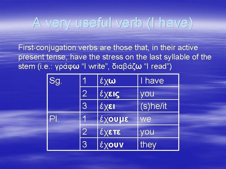 A very useful verb (I have) First-conjugation verbs are those that, in their active