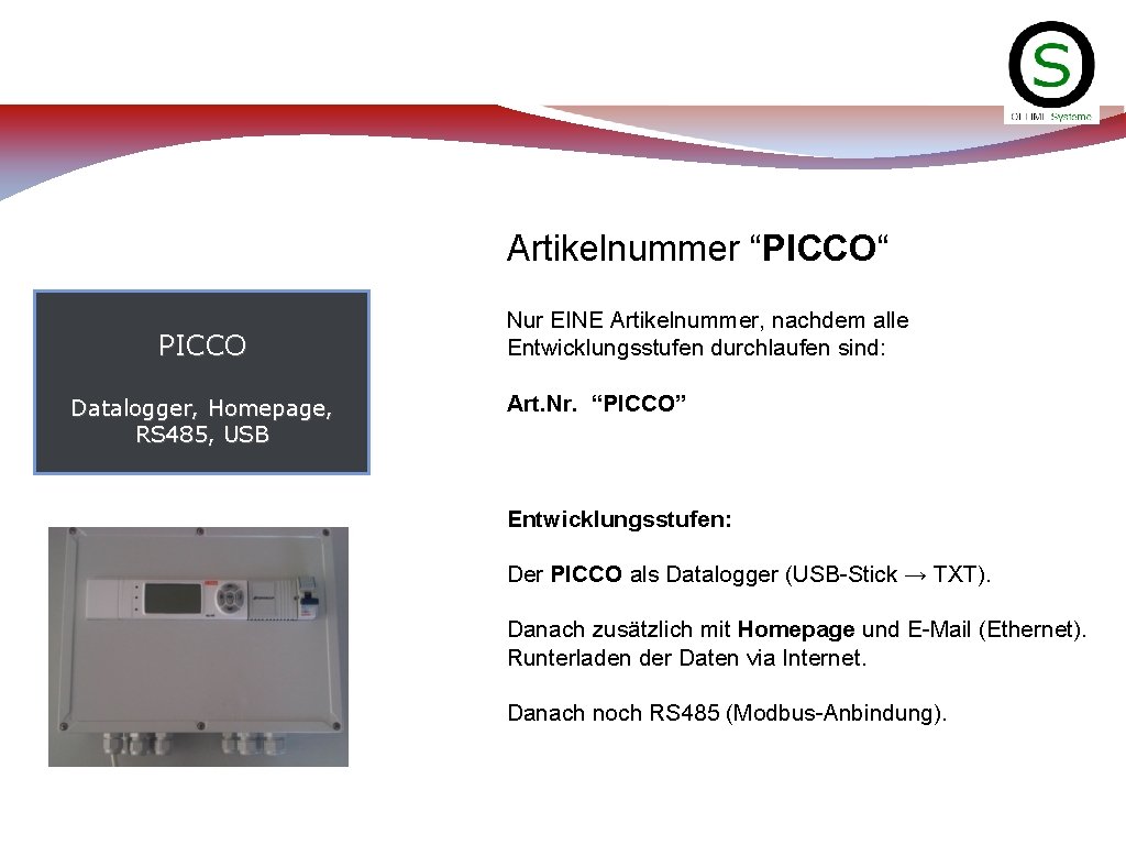 Artikelnummer “PICCO“ PICCO Datalogger, Homepage, RS 485, USB Nur EINE Artikelnummer, nachdem alle Entwicklungsstufen