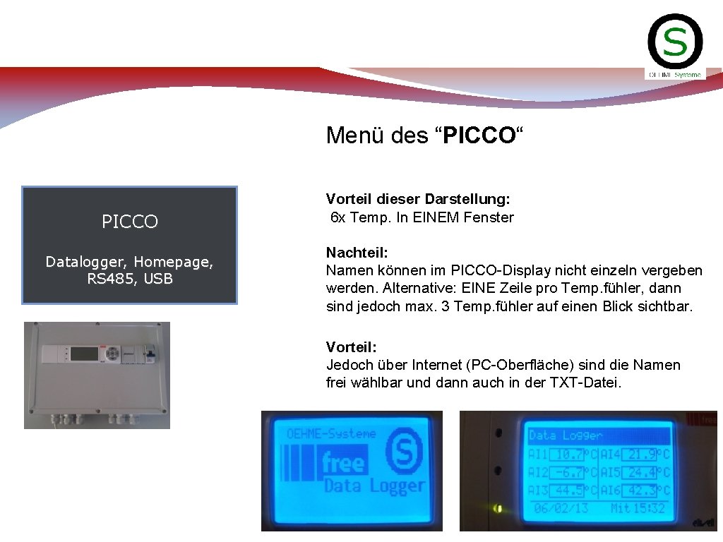 Menü des “PICCO“ PICCO Datalogger, Homepage, RS 485, USB Vorteil dieser Darstellung: 6 x
