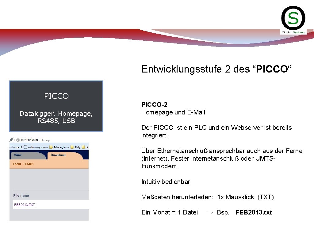 Entwicklungsstufe 2 des “PICCO“ PICCO Datalogger, Homepage, RS 485, USB PICCO-2 Homepage und E-Mail