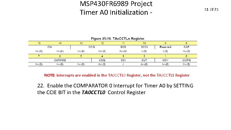 MSP 430 FR 6989 Project Timer A 0 Initialization - NOTE: Interrupts are enabled