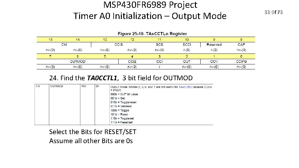 MSP 430 FR 6989 Project Timer A 0 Initialization – Output Mode 24. Find