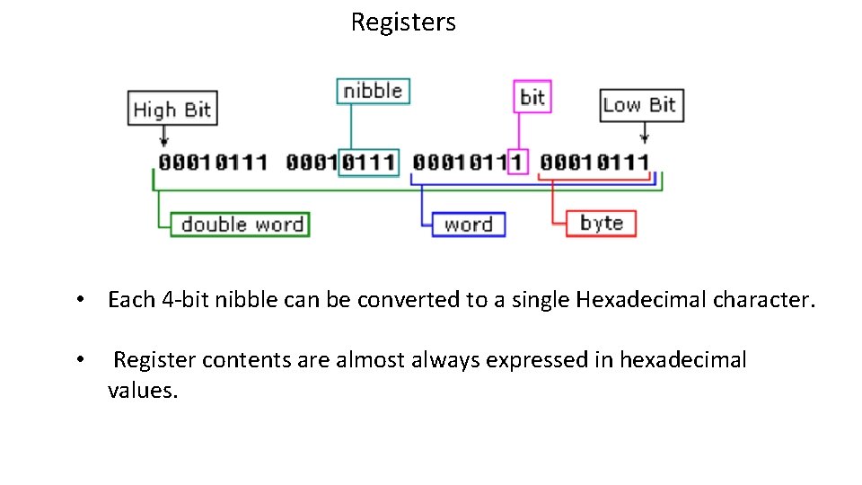 Registers • Each 4 -bit nibble can be converted to a single Hexadecimal character.